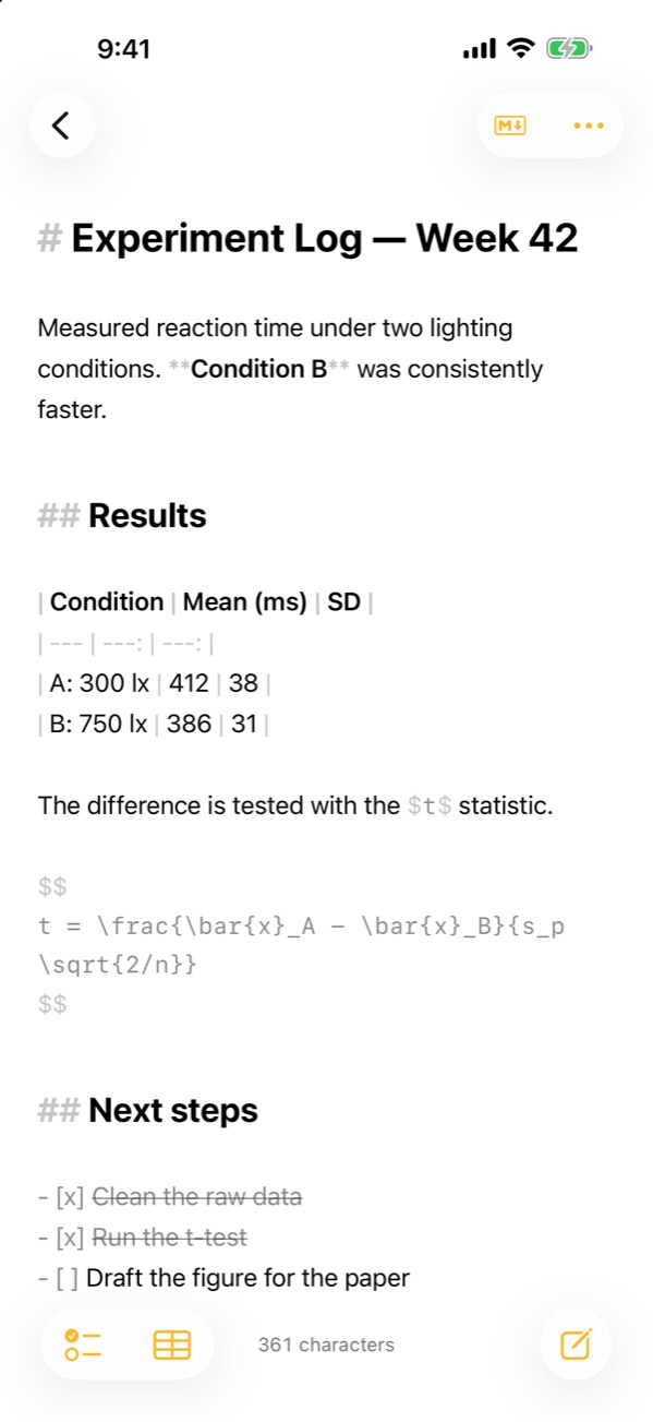 A note being written on iPhone, with Markdown symbols such as # and ** shown in a light color.